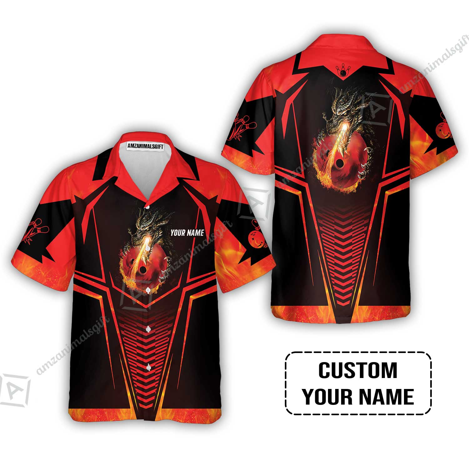 Bowling Custom Hawaiian Shirt, Custom Name Dragon Fire Flame Personalized Bowling Hawaiian Shirt