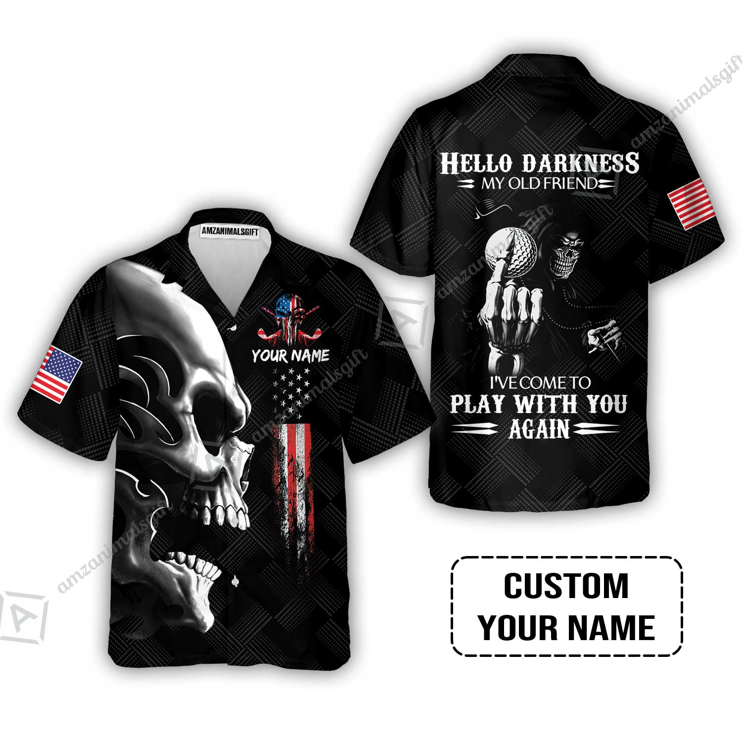 Personalized Golf Hawaiian Shirt- Custom Name Skull Shirt, Golf American Flag Hello Darkness My Old Friend Hawaiian Shirt