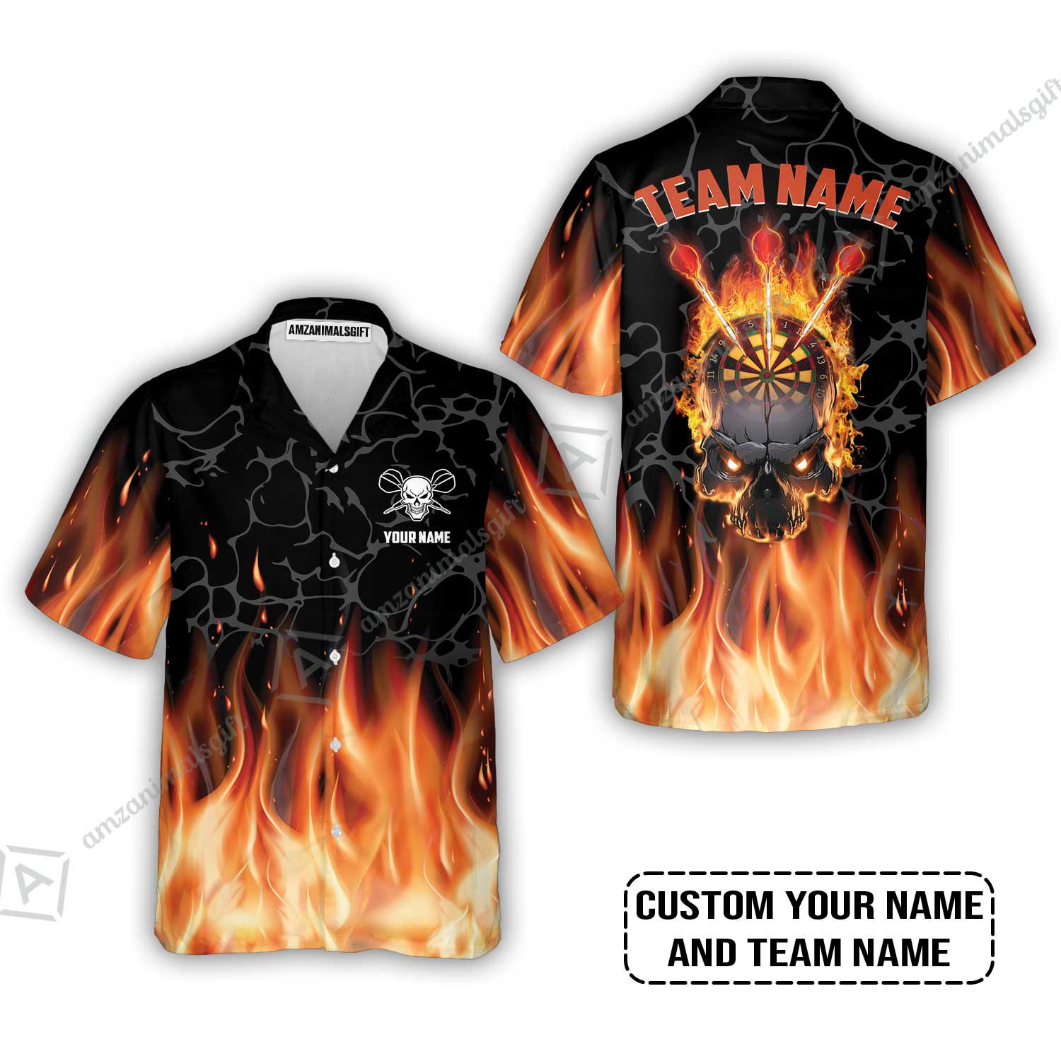 Personalized Darts Hawaiian Shirt - Custom Name & Team Name Orange Flame Skull Darts Hawaiian Shirt