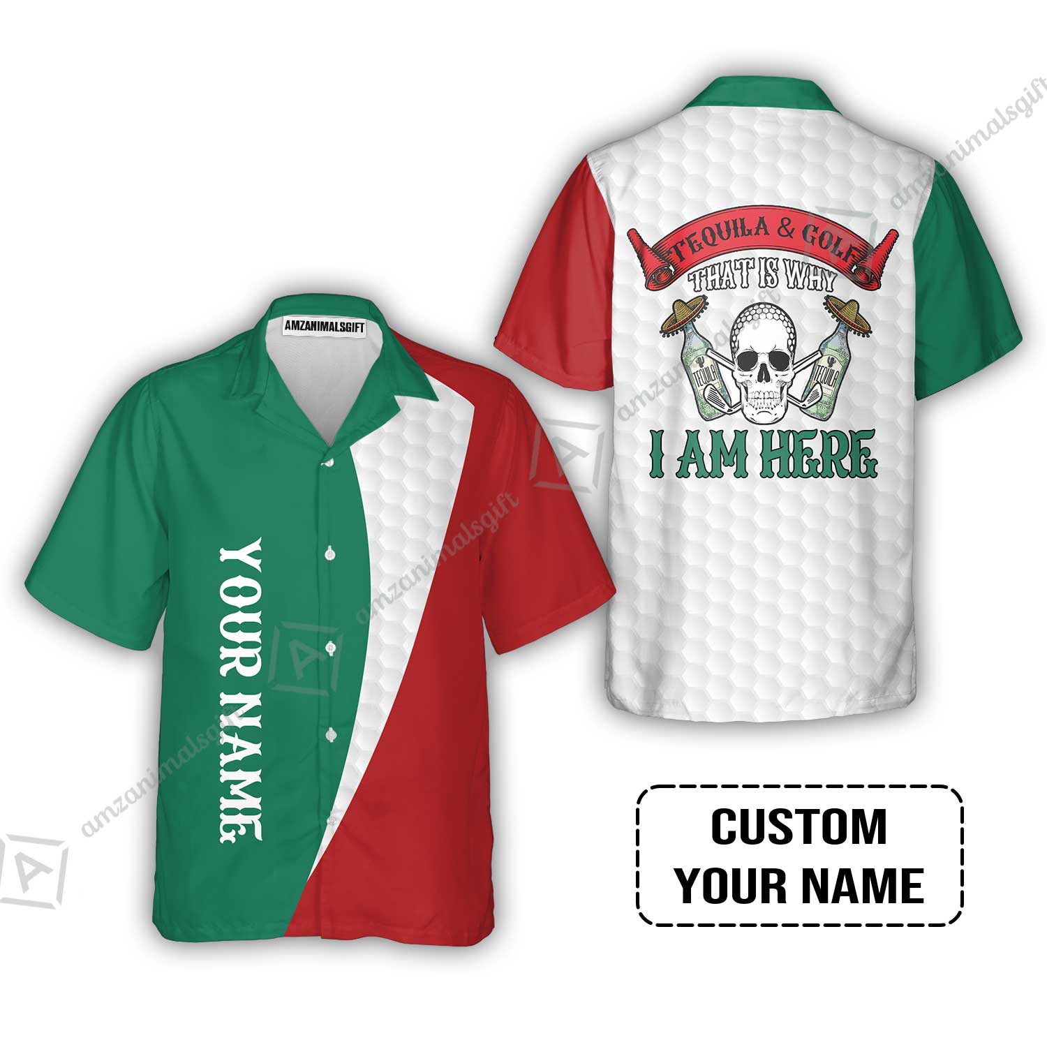 Custom Golf Hawaiian Shirt- Golf Men Custom Name Hawaiian Shirt, Tequila & Golf, Skull Golf Custom Hawaiian Shirt