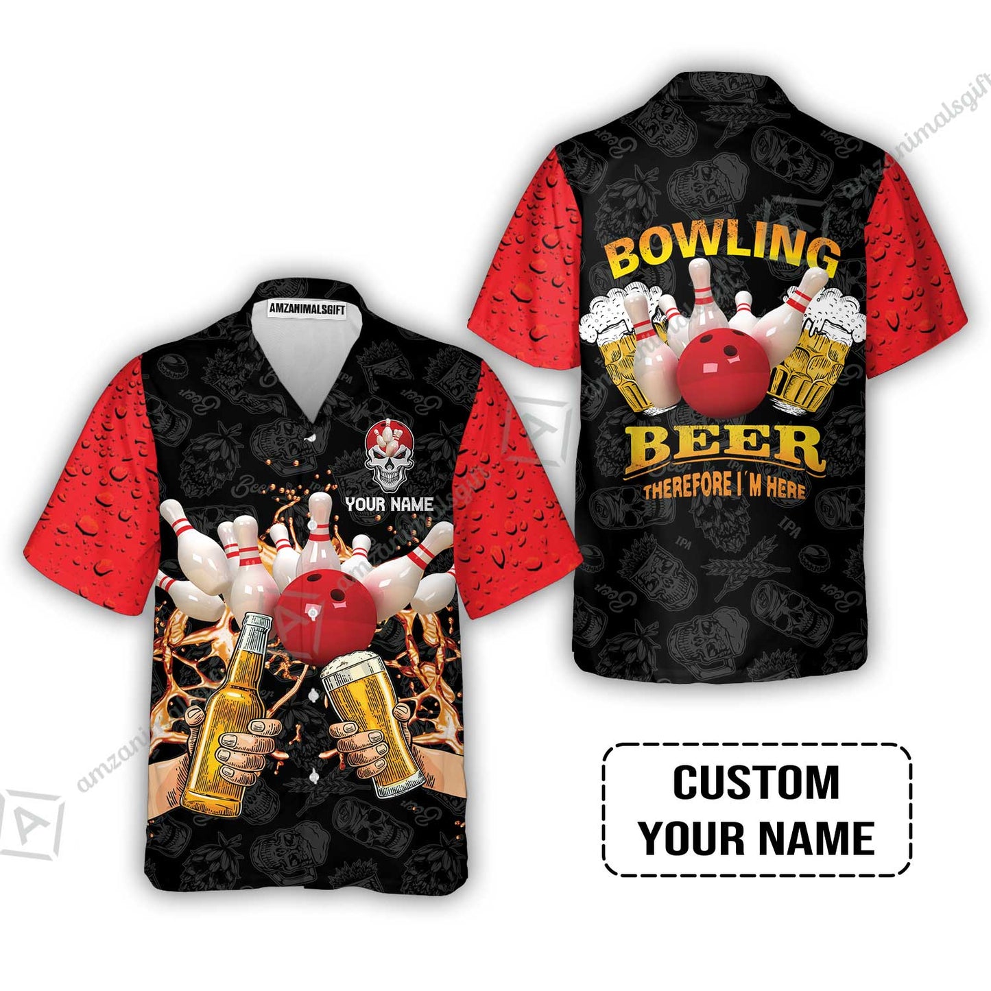 Bowling Long Polo Shirt Custom Name, Bowling and Beer Black Red Therefore I'm Here Personalized Long Polo Shirt