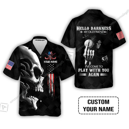Personalized Golf Long Polo Shirt - Custom Name Skull Shirt, Golf American Flag Hello Darkness My Old Friend Long Polo Shirt