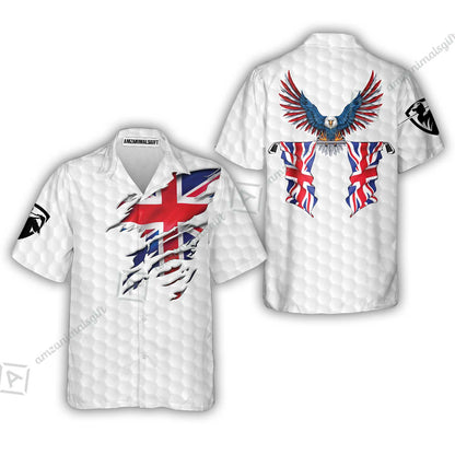 United Kingdom Eagle Flag Zip Polo Shirt, Golf Pattern Ripped Great Britain Jack Shirt, UK Golf Zip Polo Shirt