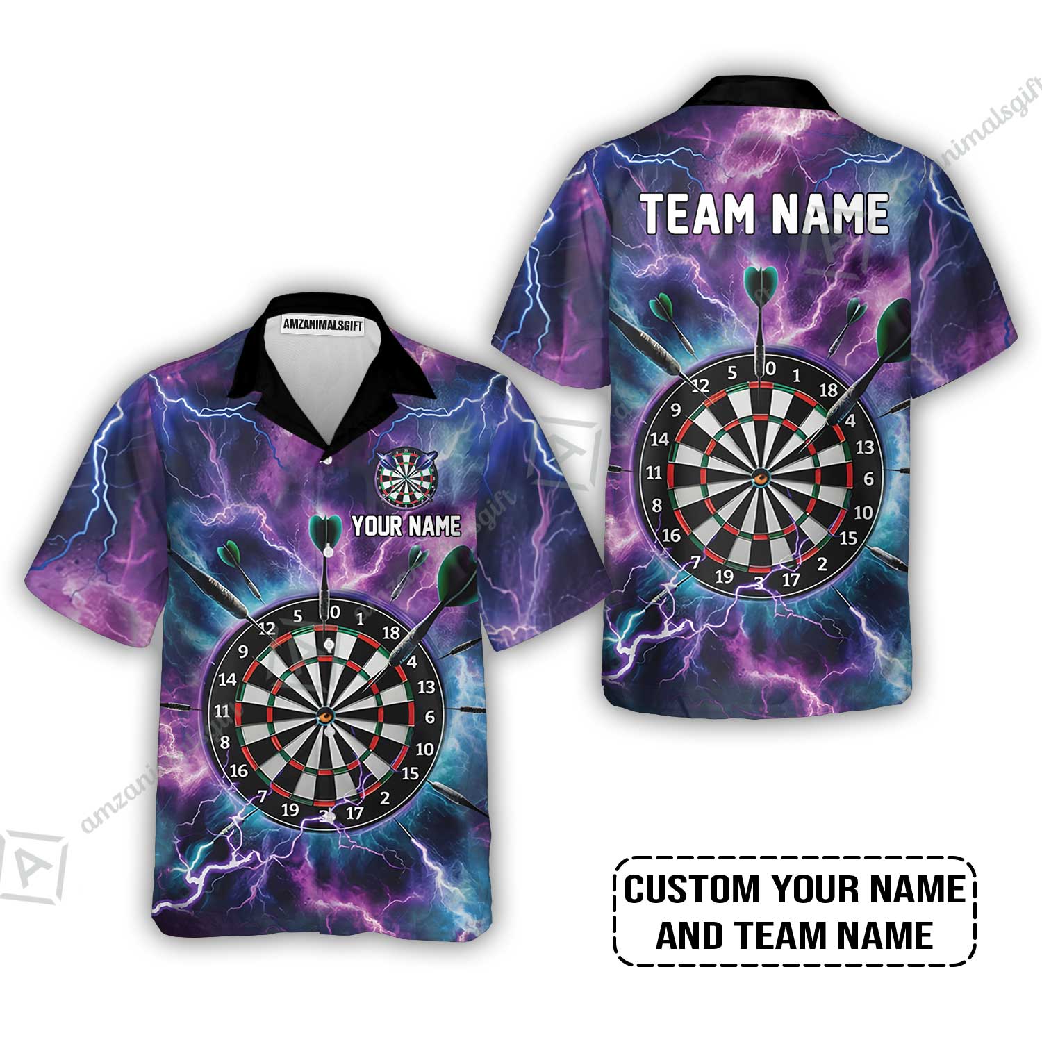 Personalized Darts Hawaiian Shirt - Custom Name & Team Name Purple Thunder Lightning Hawaiian Shirt