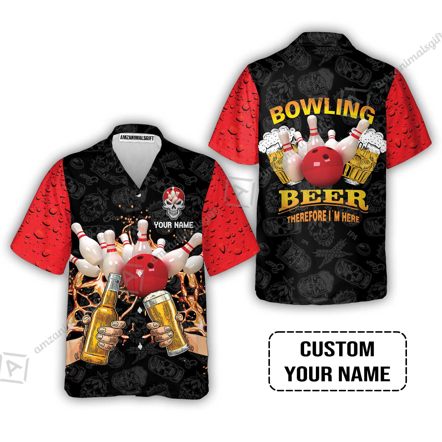 Bowling Hawaiian Shirt Custom Name, Bowling and Beer Black Red Therefore I'm Here Personalized Hawaiian Shirt