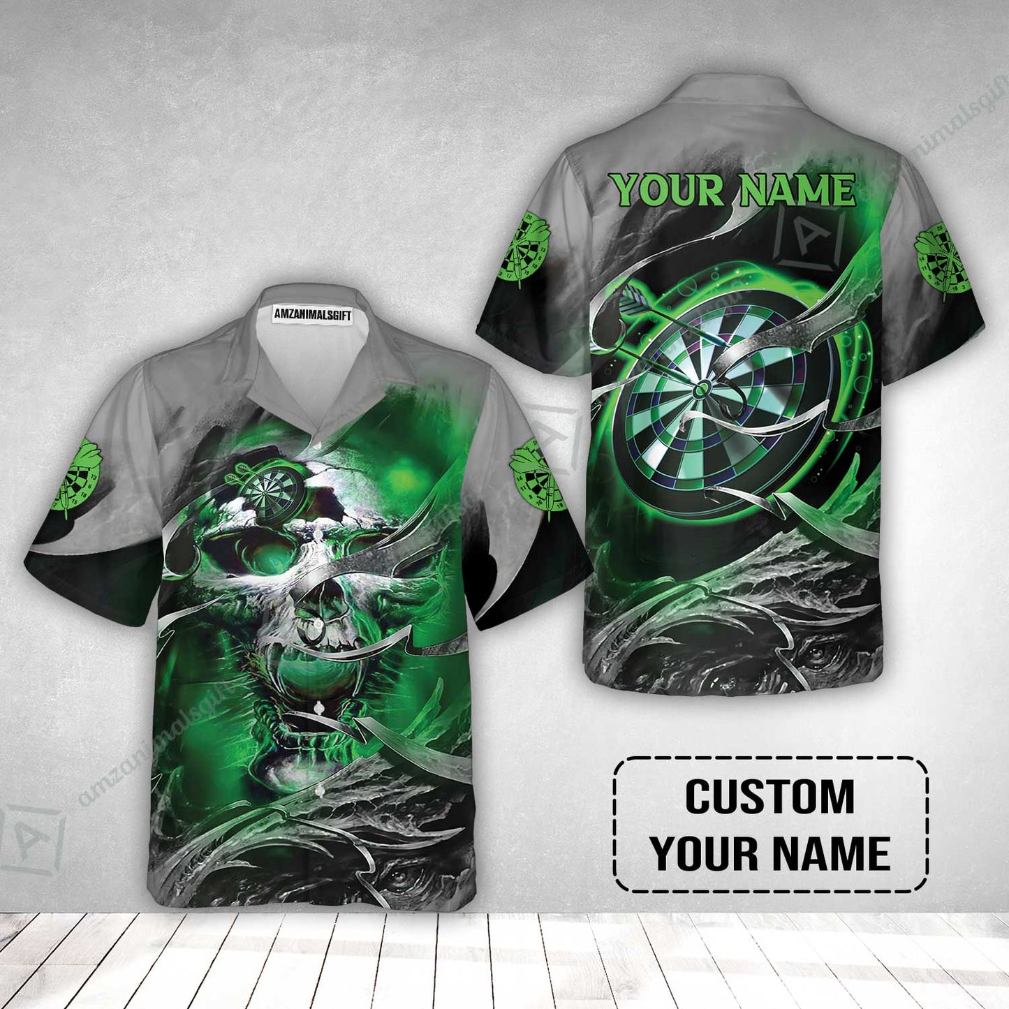Customized Name Darts Hawaiian Shirt, Green Skull Light Dartboard Personalized Hawaiian Shirt