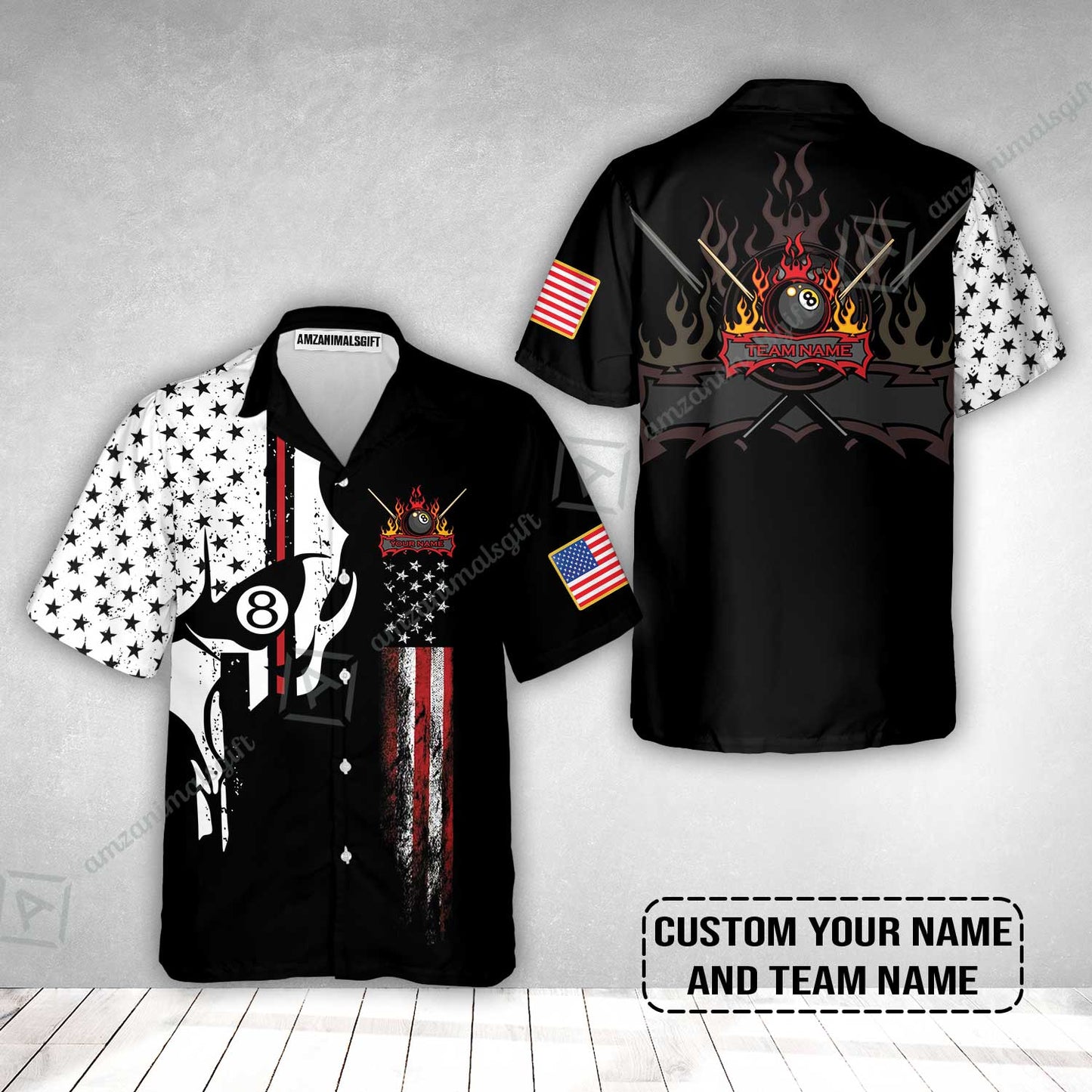 Billiards Custom Hawaiian Shirt- 8-ball Skull Billiards Pool Custom Hawaiian Shirt, Personalized American Flag Billiards Hawaiian Shirt