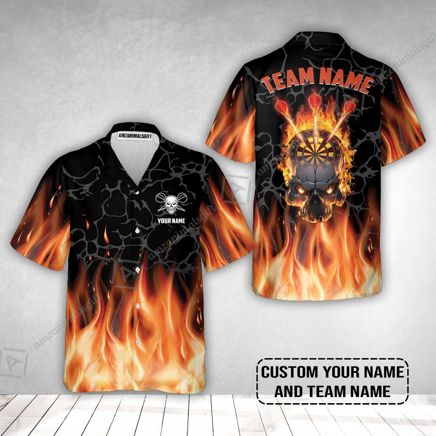 Personalized Darts Hawaiian Shirt - Custom Name & Team Name Orange Flame Skull Darts Hawaiian Shirt