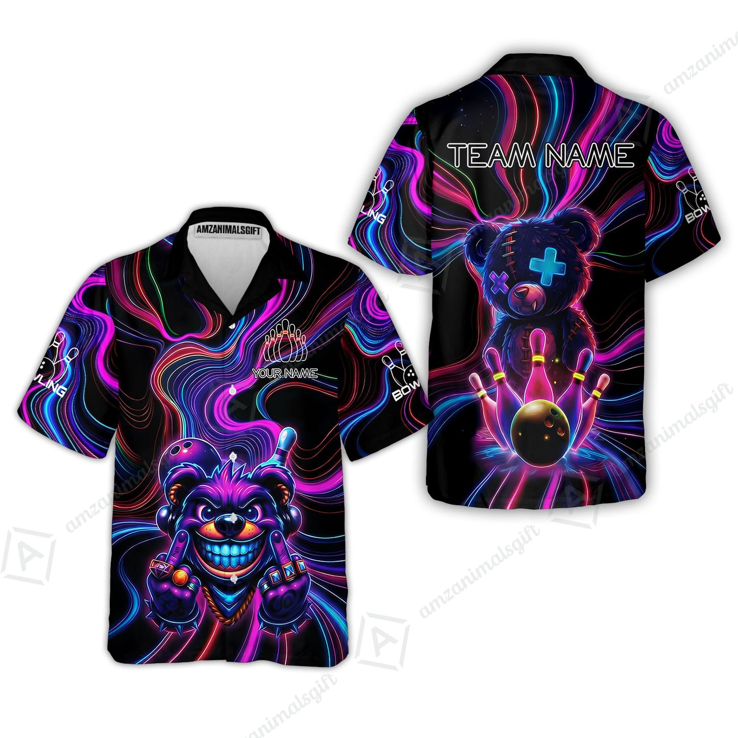 Customized Bowling Unisex Polo Shirt, Crazy Neon Bear Bowling Strike, Bowling Uniform - Personalized Name And Team Name