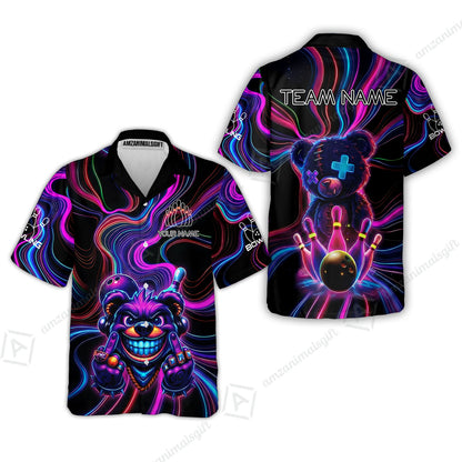 Customized Bowling Unisex Polo Shirt, Crazy Neon Bear Bowling Strike, Bowling Uniform - Personalized Name And Team Name