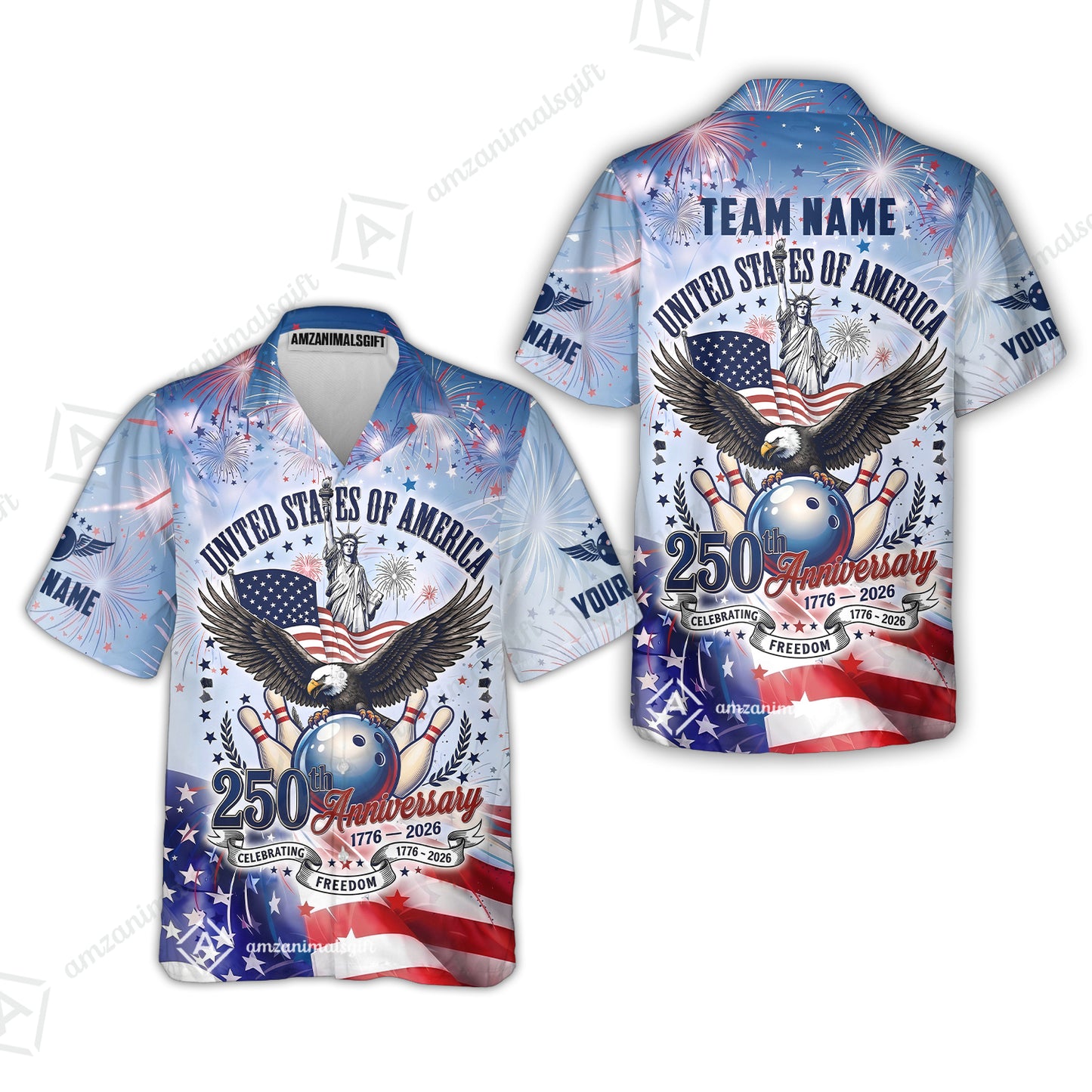 Custom Bowling Jersey Polo Shirt, 250 Years Anniversary USA, Personalize Name and Team Name