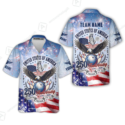 Custom Bowling Jersey Polo Shirt, 250 Years Anniversary USA, Personalize Name and Team Name