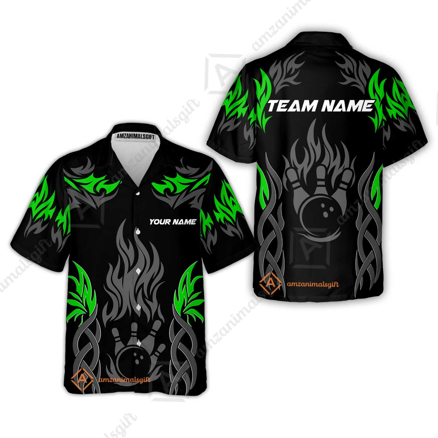 Personalized Bowling Team Hawaiian Shirt, Tribal And Bowling Flame Multi Option Customized Polo Shirt - Black