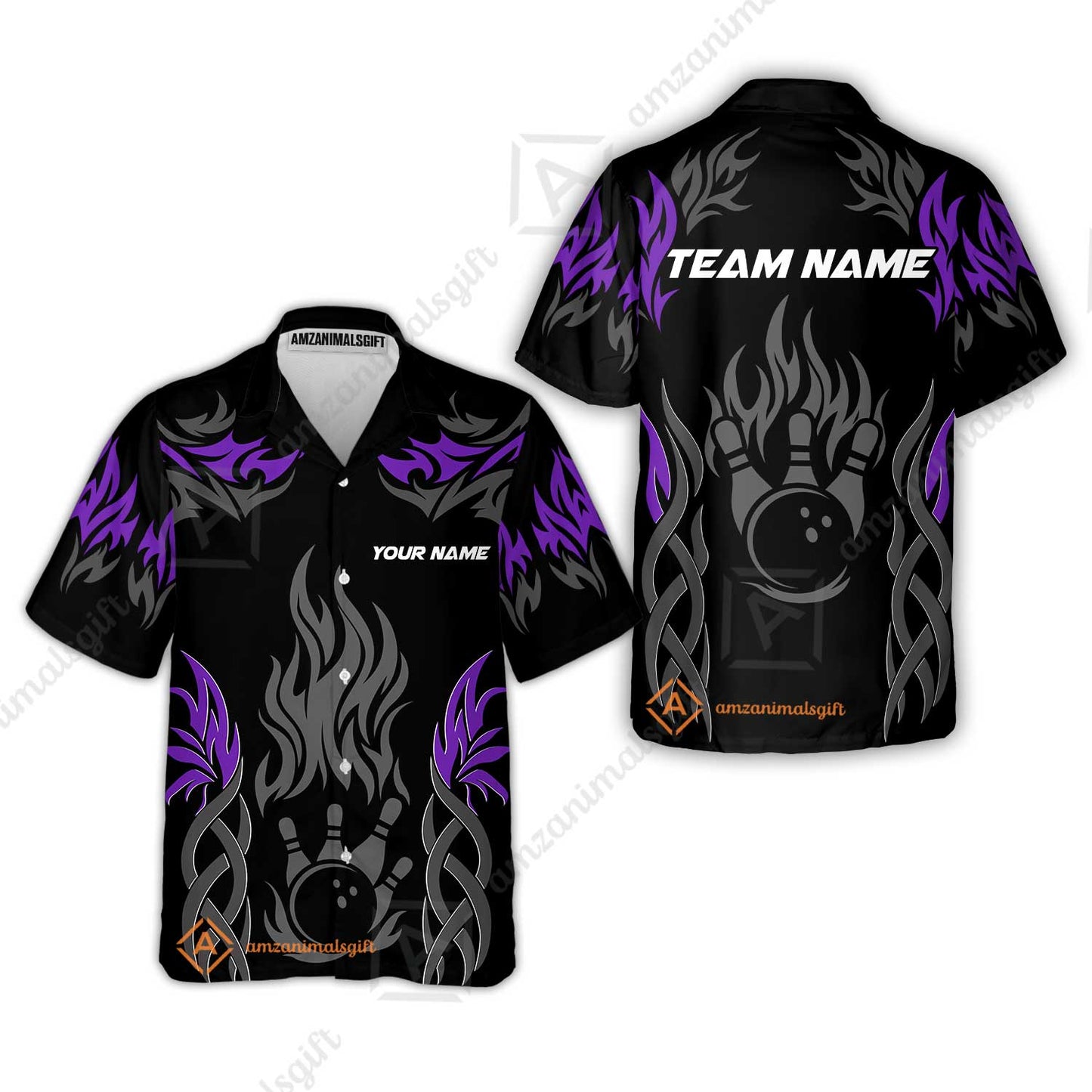 Personalized Bowling Team Hawaiian Shirt, Tribal And Bowling Flame Multi Option Customized Polo Shirt - Black