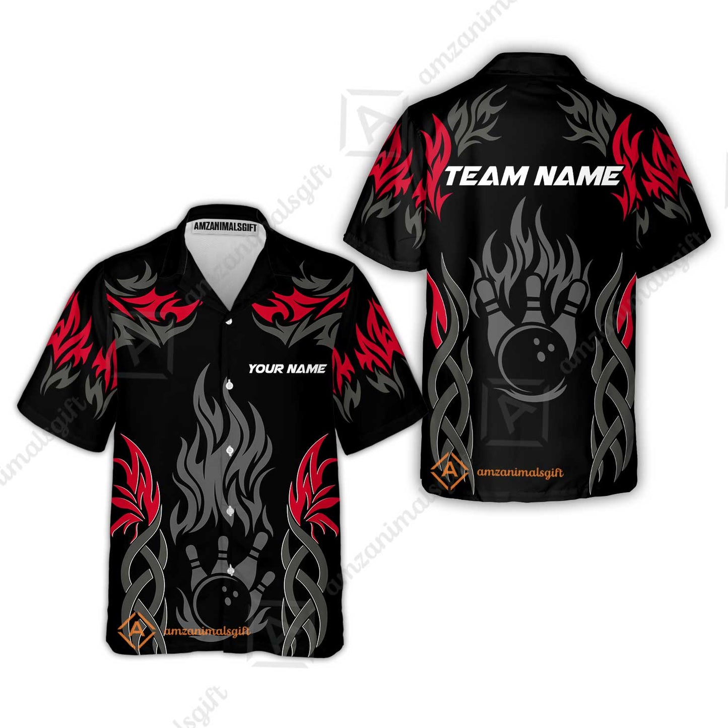 Personalized Bowling Team Hawaiian Shirt, Tribal And Bowling Flame Multi Option Customized Polo Shirt - Black