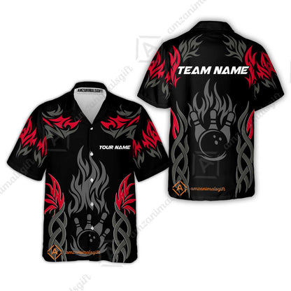 Personalized Bowling Team Hawaiian Shirt, Tribal And Bowling Flame Multi Option Customized Polo Shirt - Black