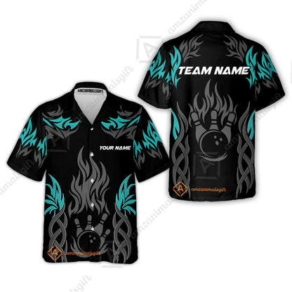 Personalized Bowling Team Hawaiian Shirt, Tribal And Bowling Flame Multi Option Customized Polo Shirt - Black