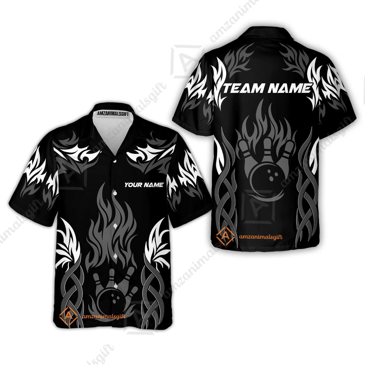 Personalized Bowling Team Hawaiian Shirt, Tribal And Bowling Flame Multi Option Customized Polo Shirt - Black
