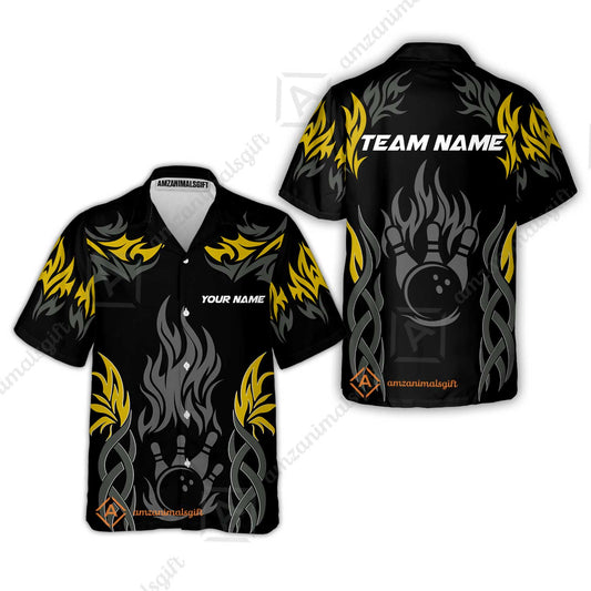 Personalized Bowling Team Hawaiian Shirt, Tribal And Bowling Flame Multi Option Customized Polo Shirt - Black