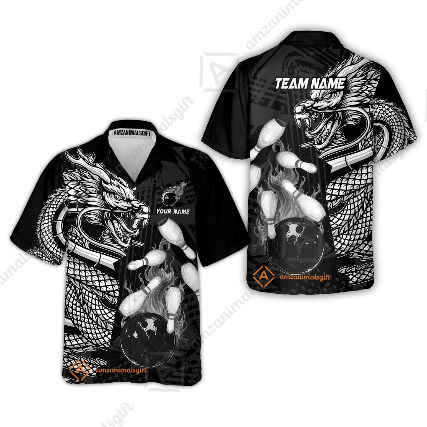Custom Bowling Team Jerseys Polo Shirts, Bowling uniforms Bowling & Pins Dragon Flame Fire Multicolor Options Personalized Name And Team Name