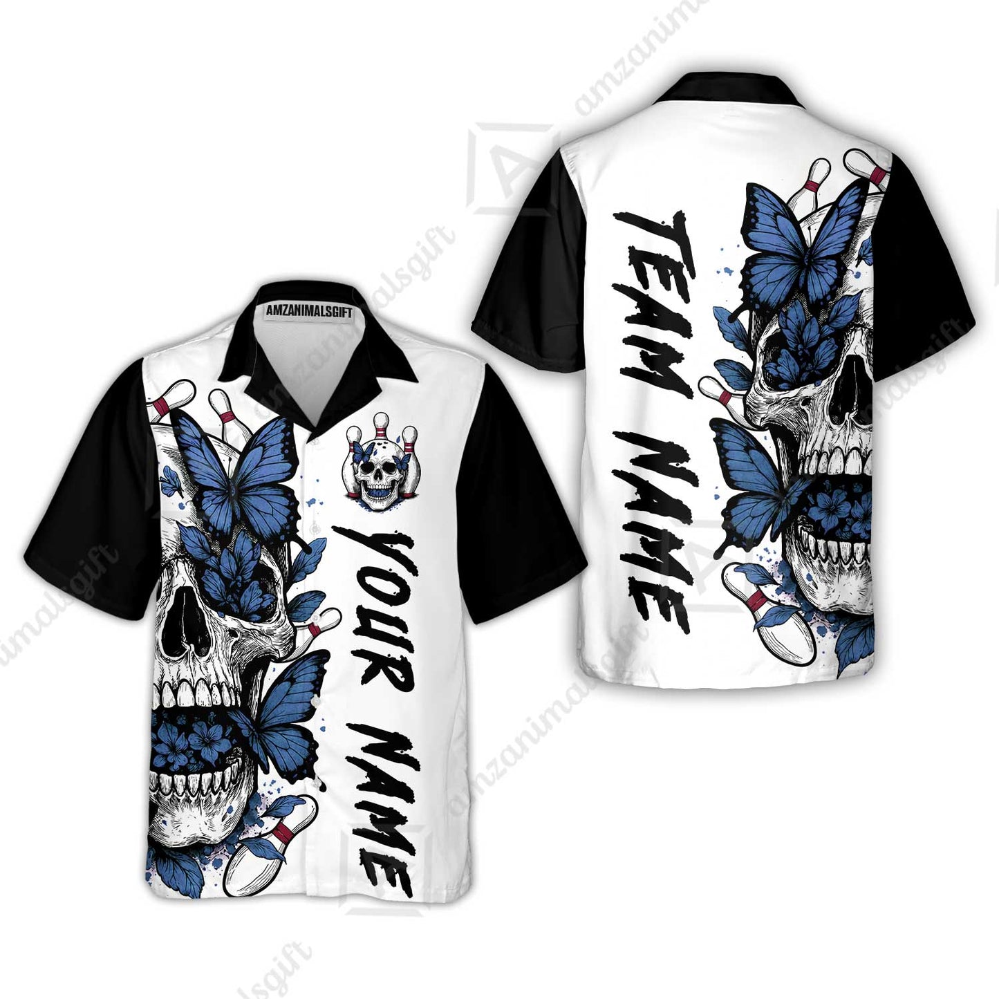 Custom Bowling Jersey Polo Shirt, Skull With Butterfly, Custom Bowling Jersey Team Shirt For Players With Name and Team Name