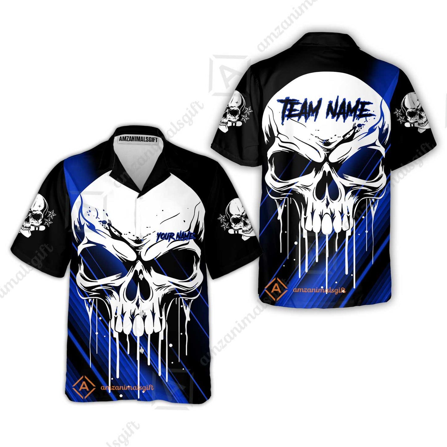 Customized Bowling Polo, Blue Skull Bowling Creepy Style Bowling jerseys Custom Name And Team Shirt