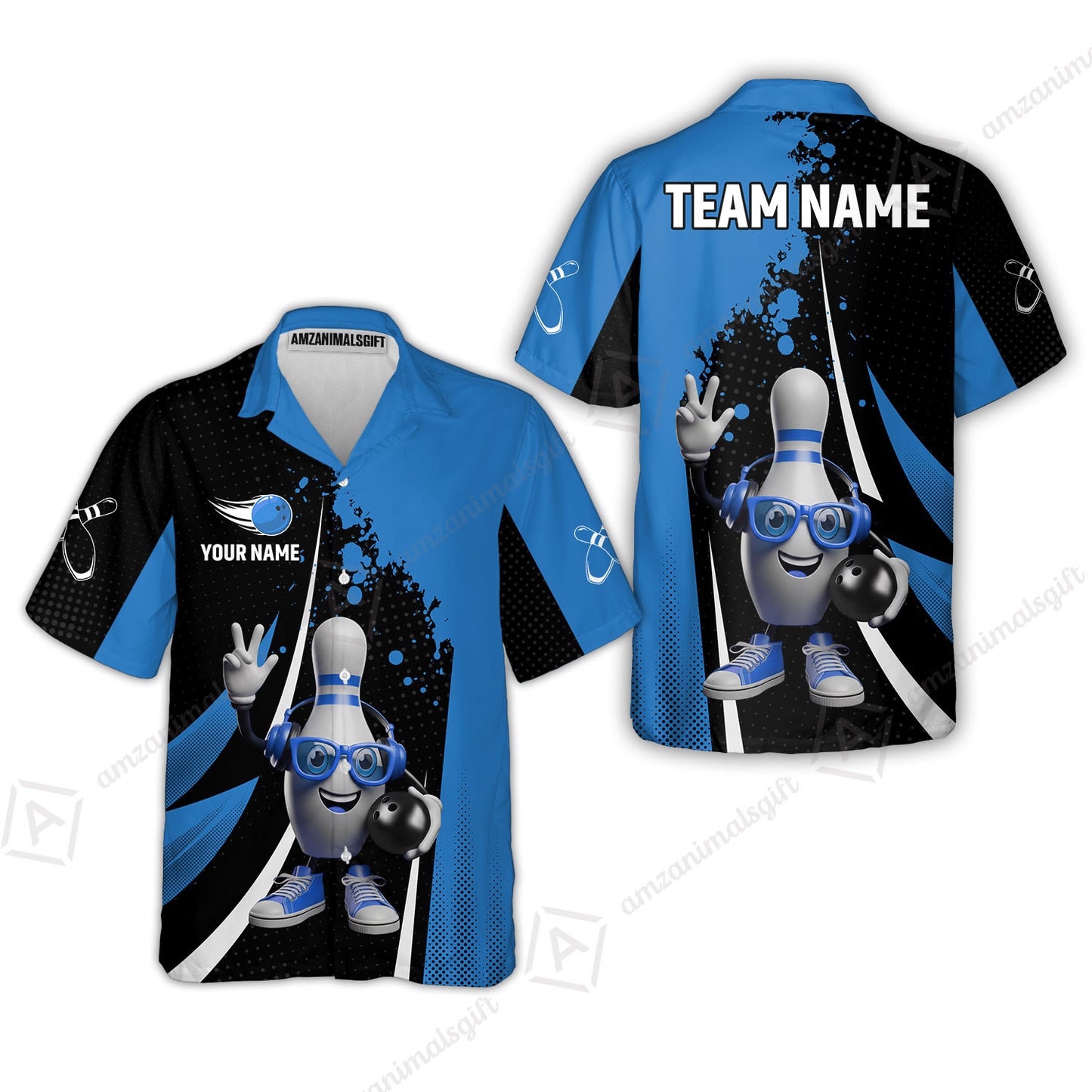 Customized Bowling Unisex Polo Shirt, Halftone Bowling Pin Wearing Headphones Sunglasses, Personalized Name And Team Name