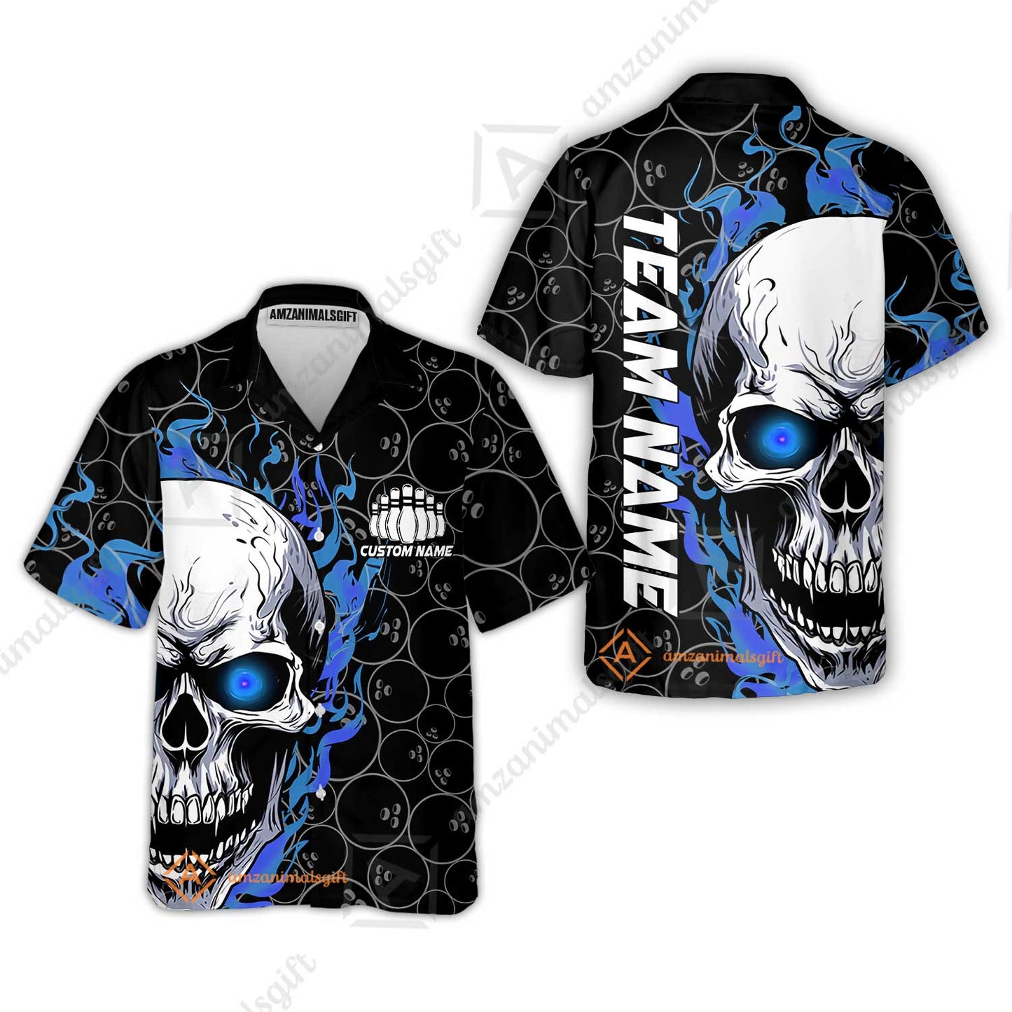 Personalized Bowling Unisex Polo Shirt, Green Flaming Skull Shirt For For Team Men Women Bowlers