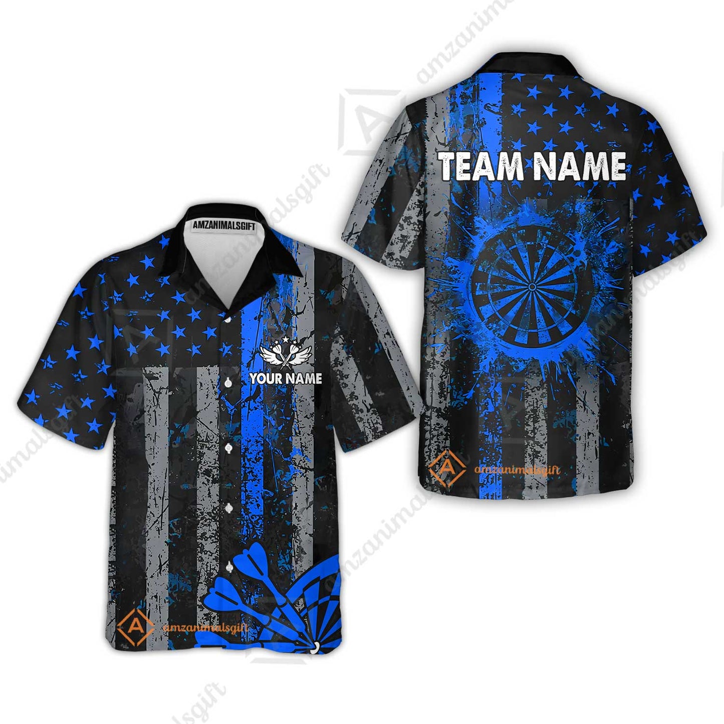 Customized Darts Hawaiian Shirt, Turquoise Grunge US Flag Patriotic Darts Hawaiian Shirt Jersey for Darts Players