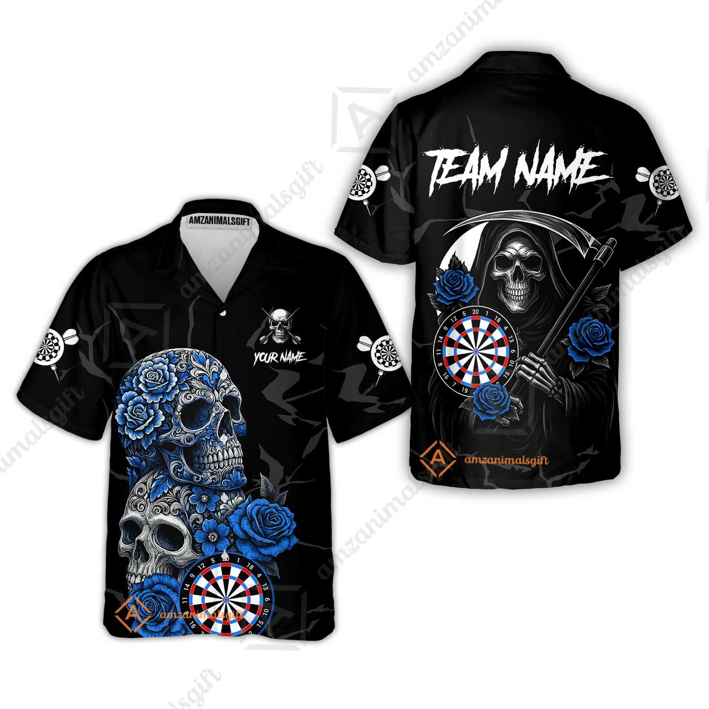 Customized Darts Hawaiian Shirt, Darts Turquoise Skull Roses Dartboard Hawaiian Shirt Style Jersey for Darts Players