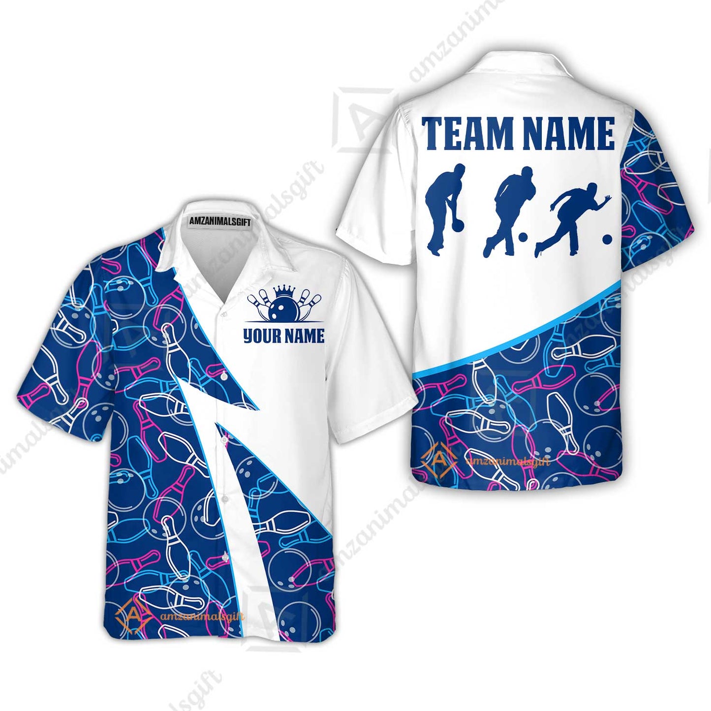 Custom Bowling Team Bowling Jersey, Neon Pattern Bowling Jersey With Player Silhouettes Multicolor Polo Quarter-Zip Shirts, Custom Bowling Uniforms Jerseys
