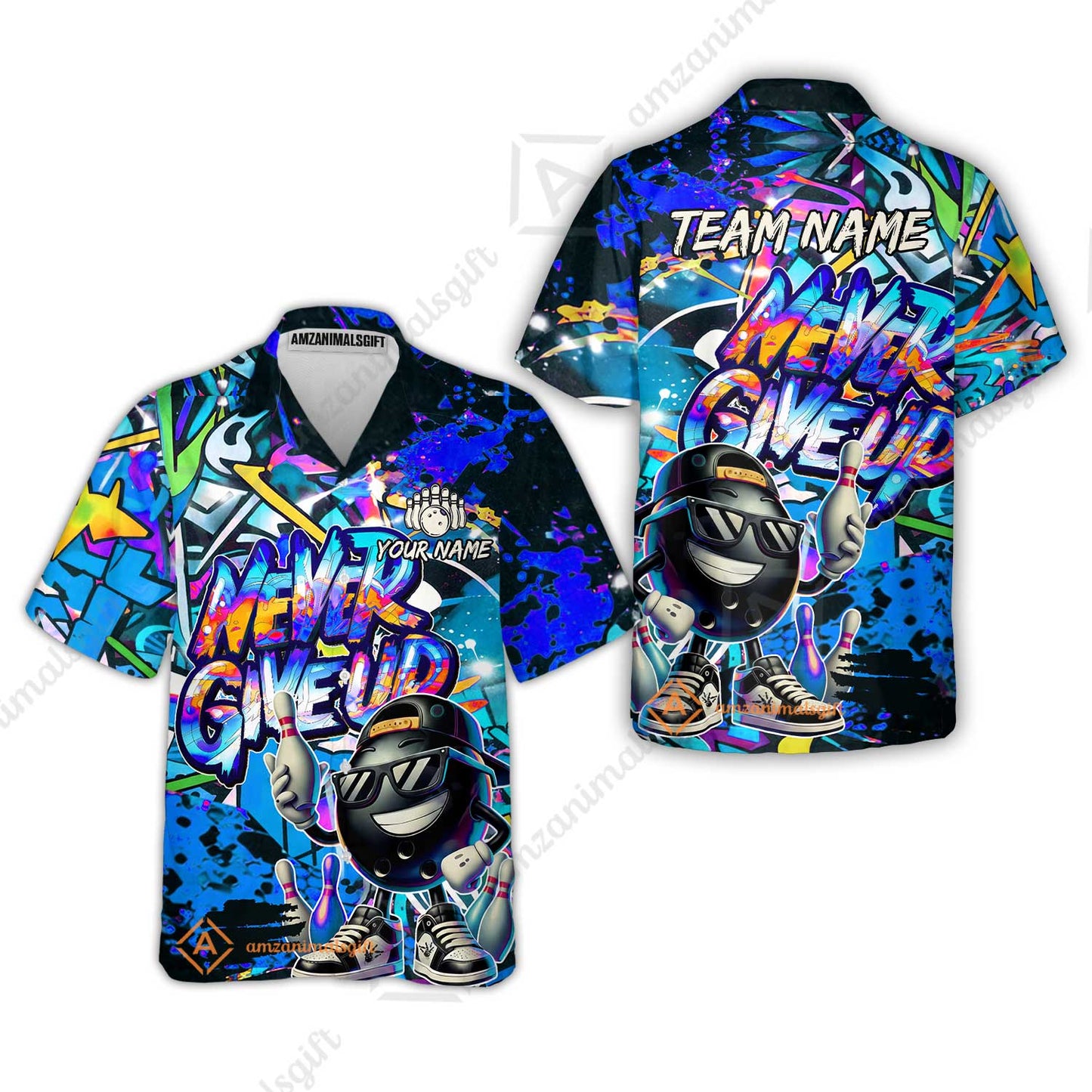 Customized Bowling Unisex Polo Shirt, Graffiti Bowling Funny Never Give Up Bowling Uniform, Personalized Name And Team Name