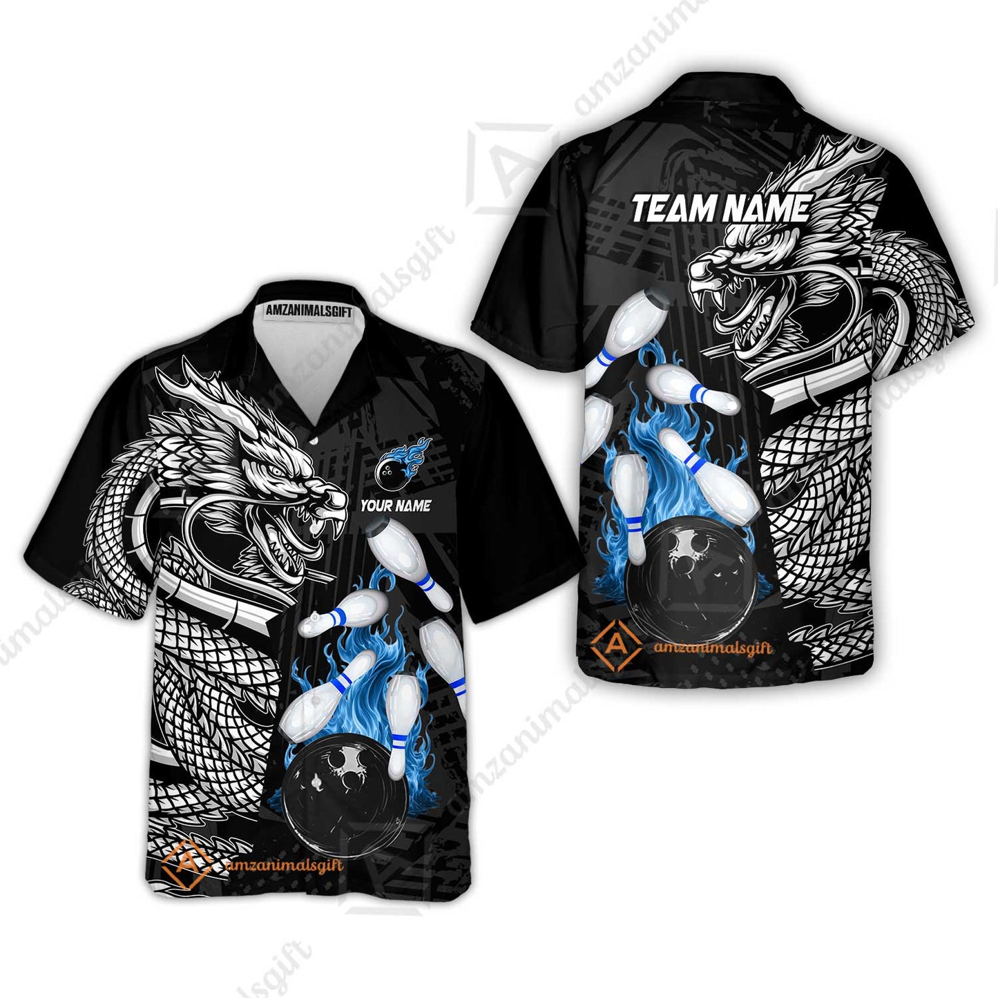Custom Bowling Team Jerseys Polo Shirts, Bowling uniforms Bowling & Pins Dragon Flame Fire Multicolor Options Personalized Name And Team Name