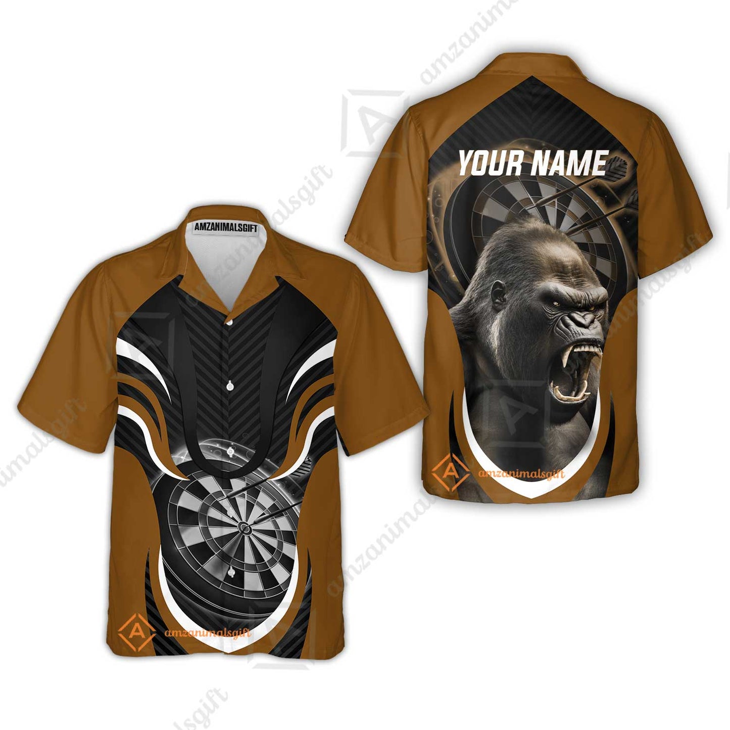 Gorilla And Darts Custom Name Men Polo Shirt, Bullseye Dartboard Brown Personalized Men Polo Shirt Gift For Darts Lovers, Team, Friends
