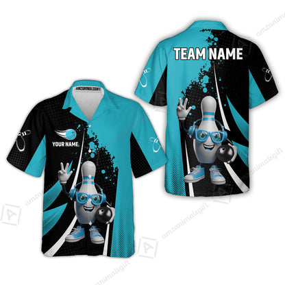 Customized Bowling Unisex Polo Shirt, Halftone Bowling Pin Wearing Headphones Sunglasses, Personalized Name And Team Name