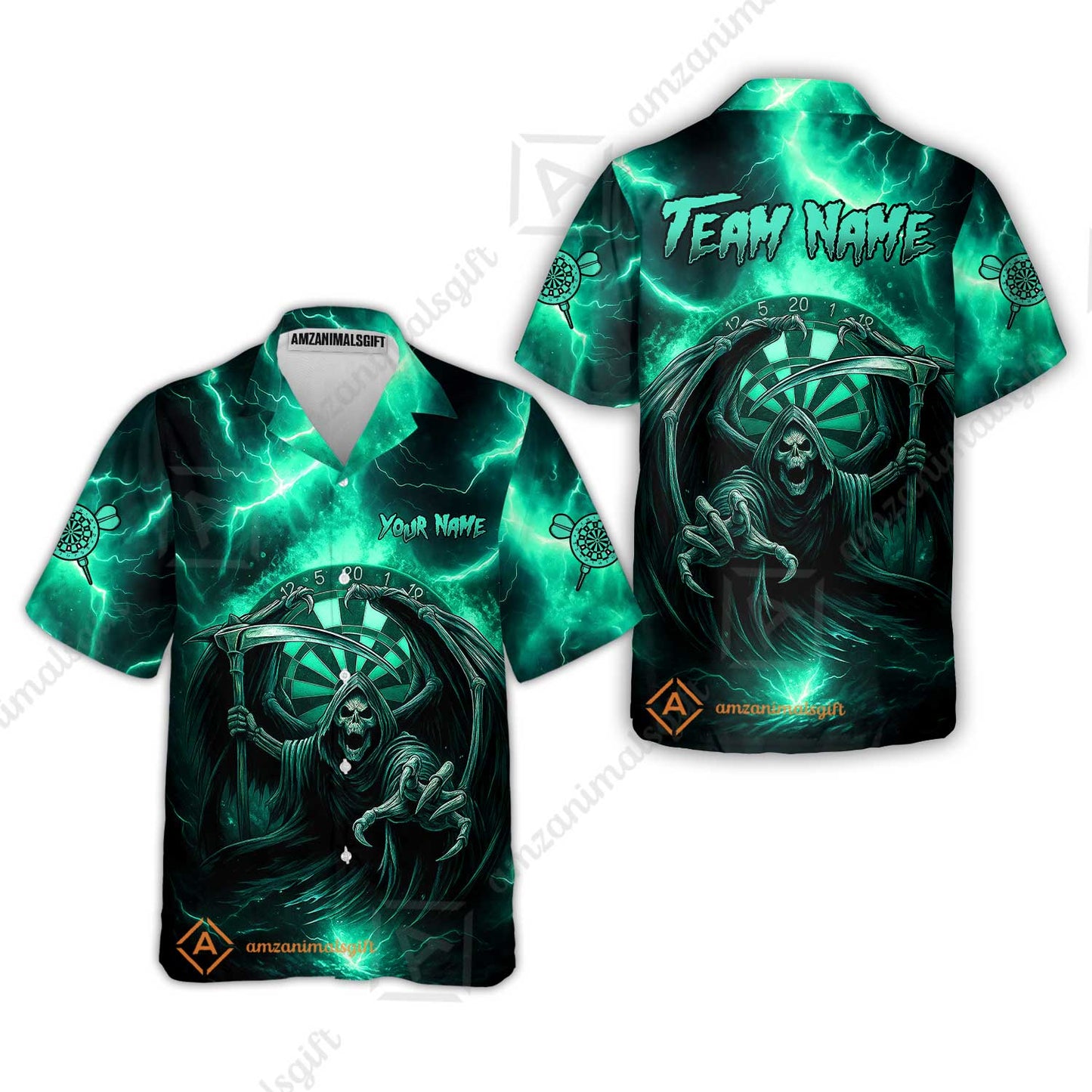 Customized Darts Hawaiian Shirt, Darts Grim Reaper Thunder Lightning Turquoise And Blue Team Jersey For Darts Player
