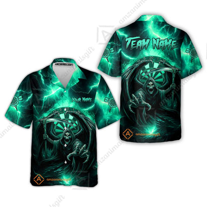 Customized Darts Hawaiian Shirt, Darts Grim Reaper Thunder Lightning Turquoise And Blue Team Jersey For Darts Player