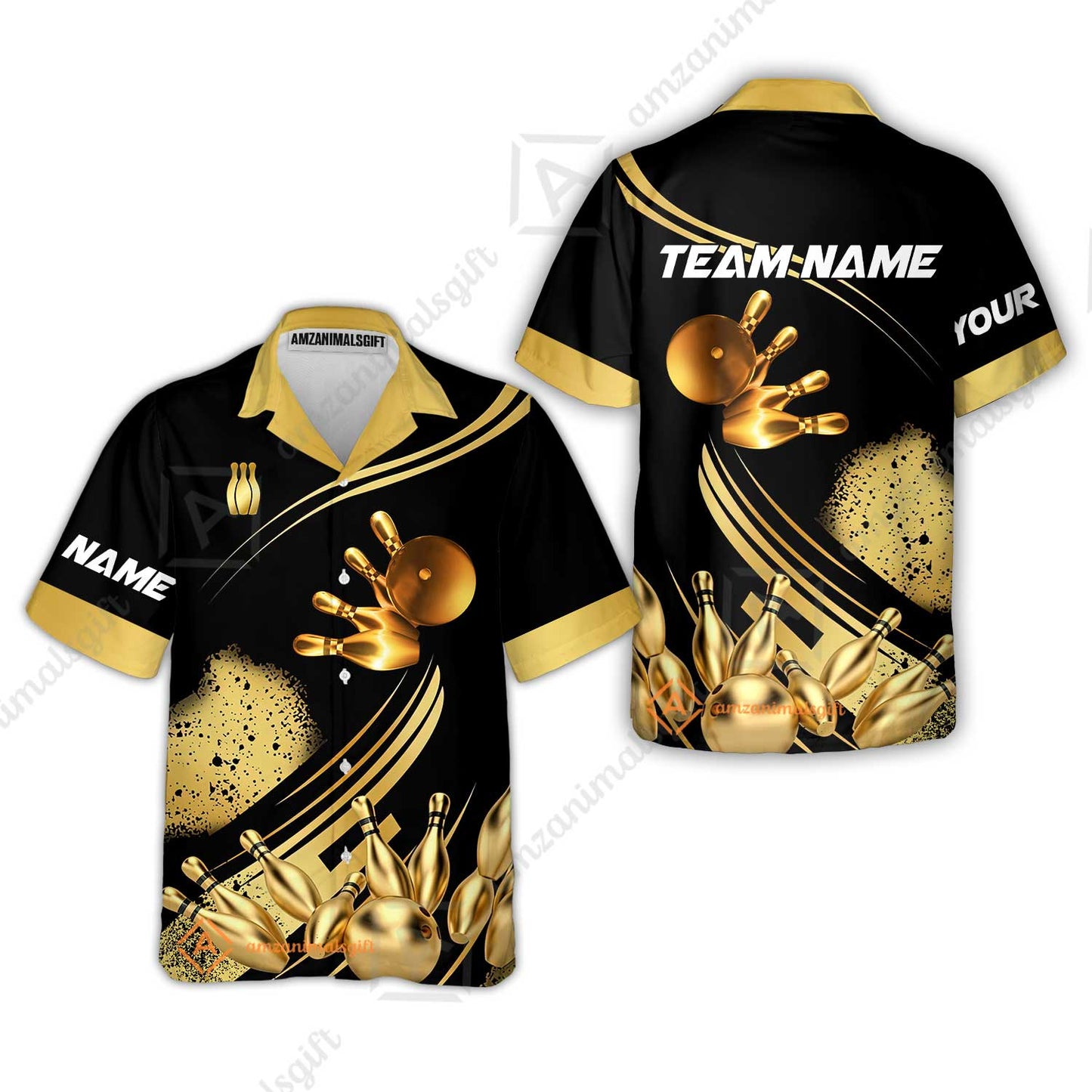 Custom Bowling Team Jerseys Polo Shirts, Bowling Uniforms Ball And Pins Ultimate Golden Multicolor Options Personalized Name And Team Name