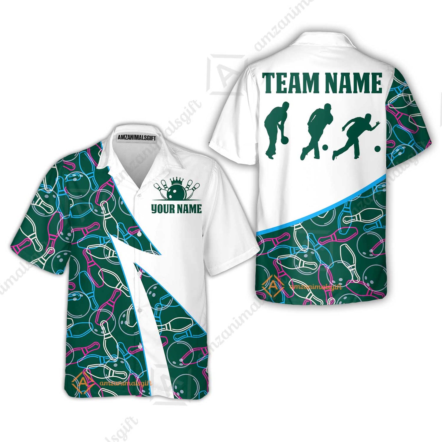 Custom Bowling Team Bowling Jersey, Neon Pattern Bowling Jersey With Player Silhouettes Multicolor Polo Quarter-Zip Shirts, Custom Bowling Uniforms Jerseys