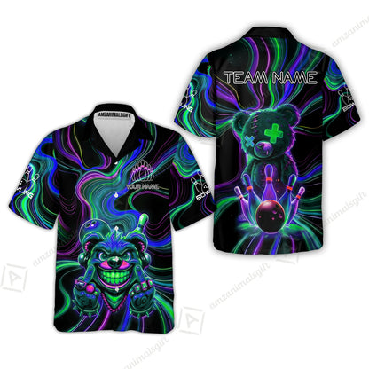 Customized Bowling Unisex Polo Shirt, Crazy Neon Bear Bowling Strike, Bowling Uniform - Personalized Name And Team Name
