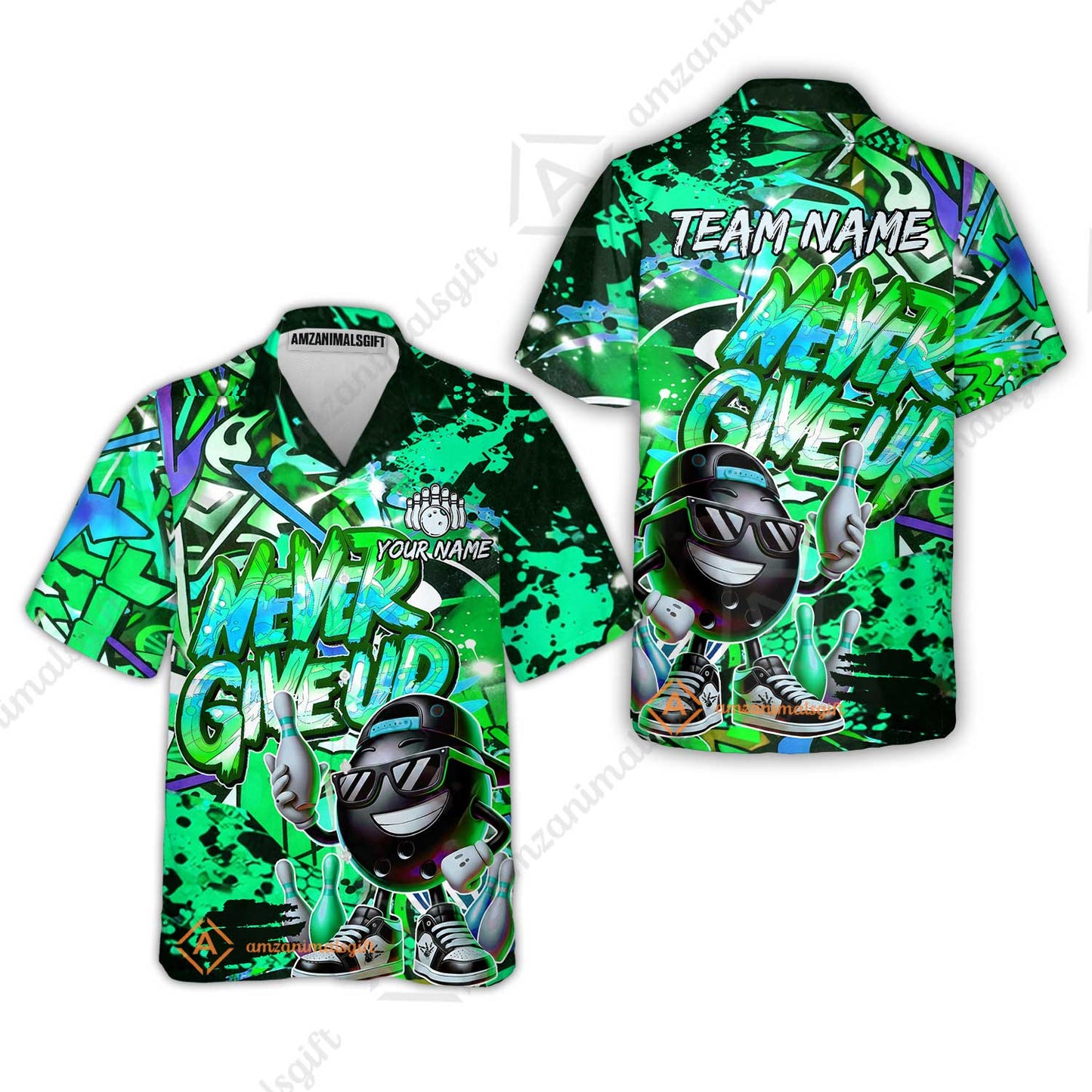 Customized Bowling Unisex Polo Shirt, Graffiti Bowling Funny Never Give Up Bowling Uniform, Personalized Name And Team Name