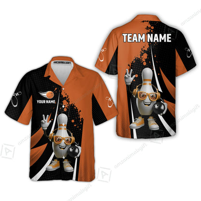 Customized Bowling Unisex Polo Shirt, Halftone Bowling Pin Wearing Headphones Sunglasses, Personalized Name And Team Name