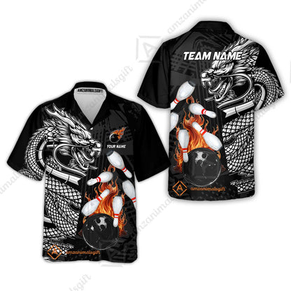 Custom Bowling Team Jerseys Polo Shirts, Bowling uniforms Bowling & Pins Dragon Flame Fire Multicolor Options Personalized Name And Team Name