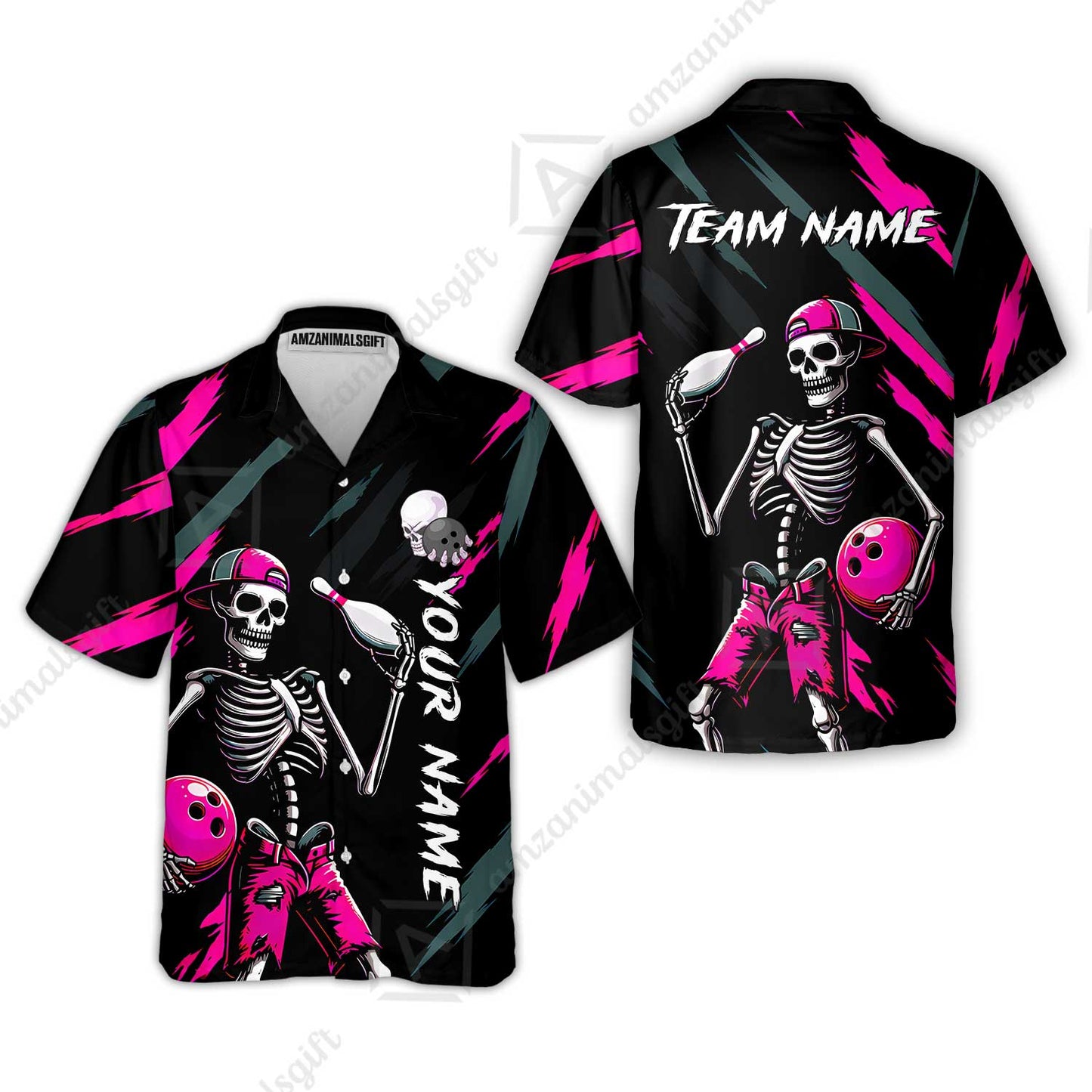 Customized Bowling Shirt, Bad Boy Skeleton Bowler, Personalized Polo Shirt For Players With Name & Team Name