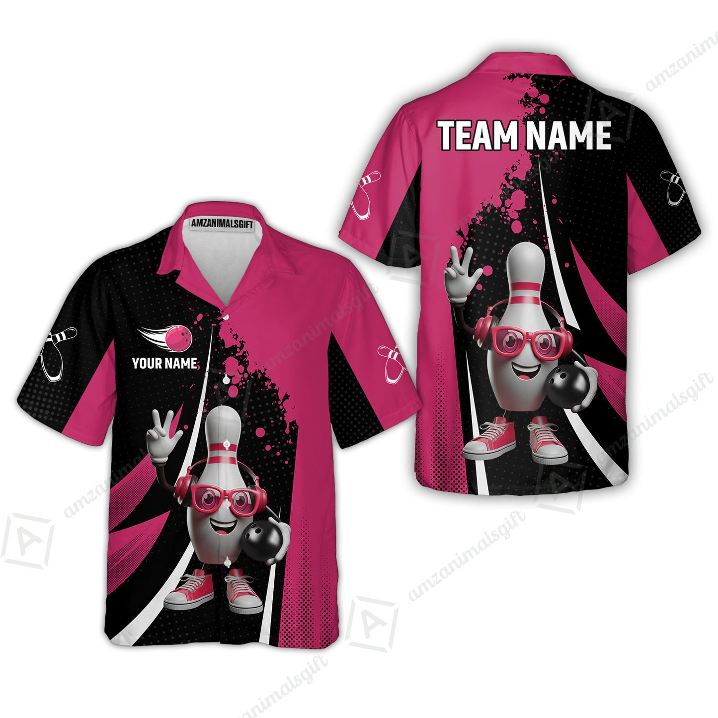 Customized Bowling Unisex Polo Shirt, Halftone Bowling Pin Wearing Headphones Sunglasses, Personalized Name And Team Name