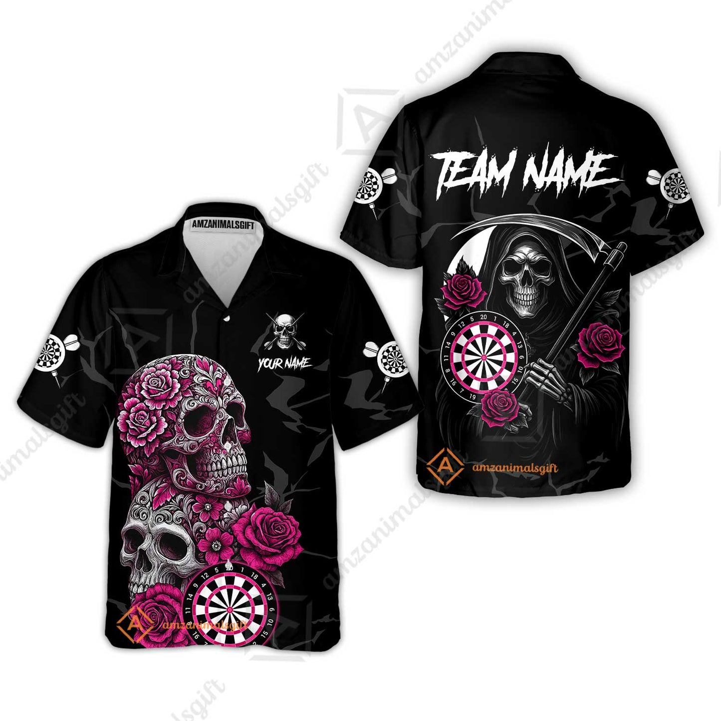 Customized Darts Hawaiian Shirt, Darts Turquoise Skull Roses Dartboard Hawaiian Shirt Style Jersey for Darts Players