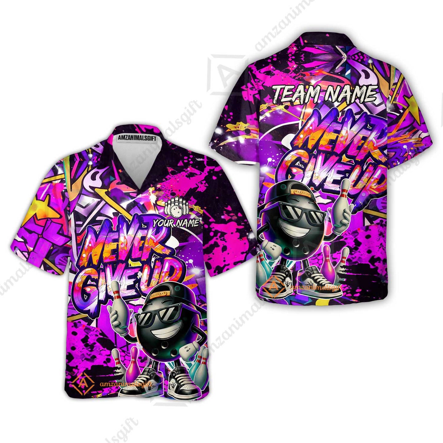 Customized Bowling Unisex Polo Shirt, Graffiti Bowling Funny Never Give Up Bowling Uniform, Personalized Name And Team Name