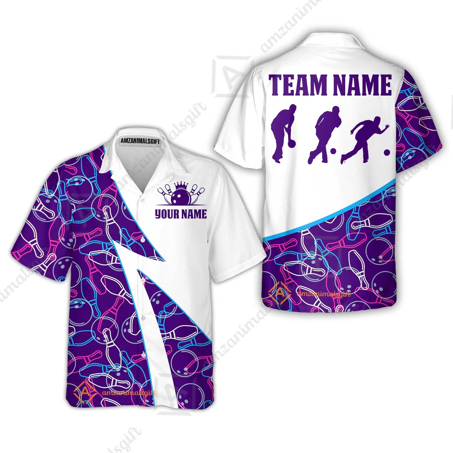 Custom Bowling Team Bowling Jersey, Neon Pattern Bowling Jersey With Player Silhouettes Multicolor Polo Quarter-Zip Shirts, Custom Bowling Uniforms Jerseys