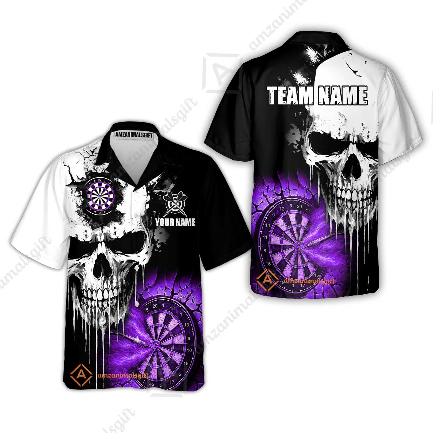 Custom Grunge Skull Crack Wall Darts Team Hawaiian Shirt, Customized Name Team Name Darts Polo Team Jerseys Uniform