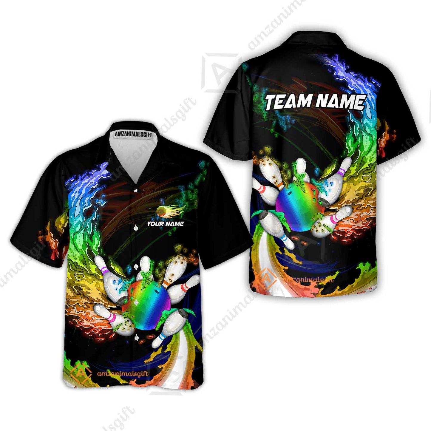 Personalized Bowling Hawaiian Shirt Breath Of Flaming Bowling Ball And Pins Multicolor Custom Name, Team Name For Bowlers